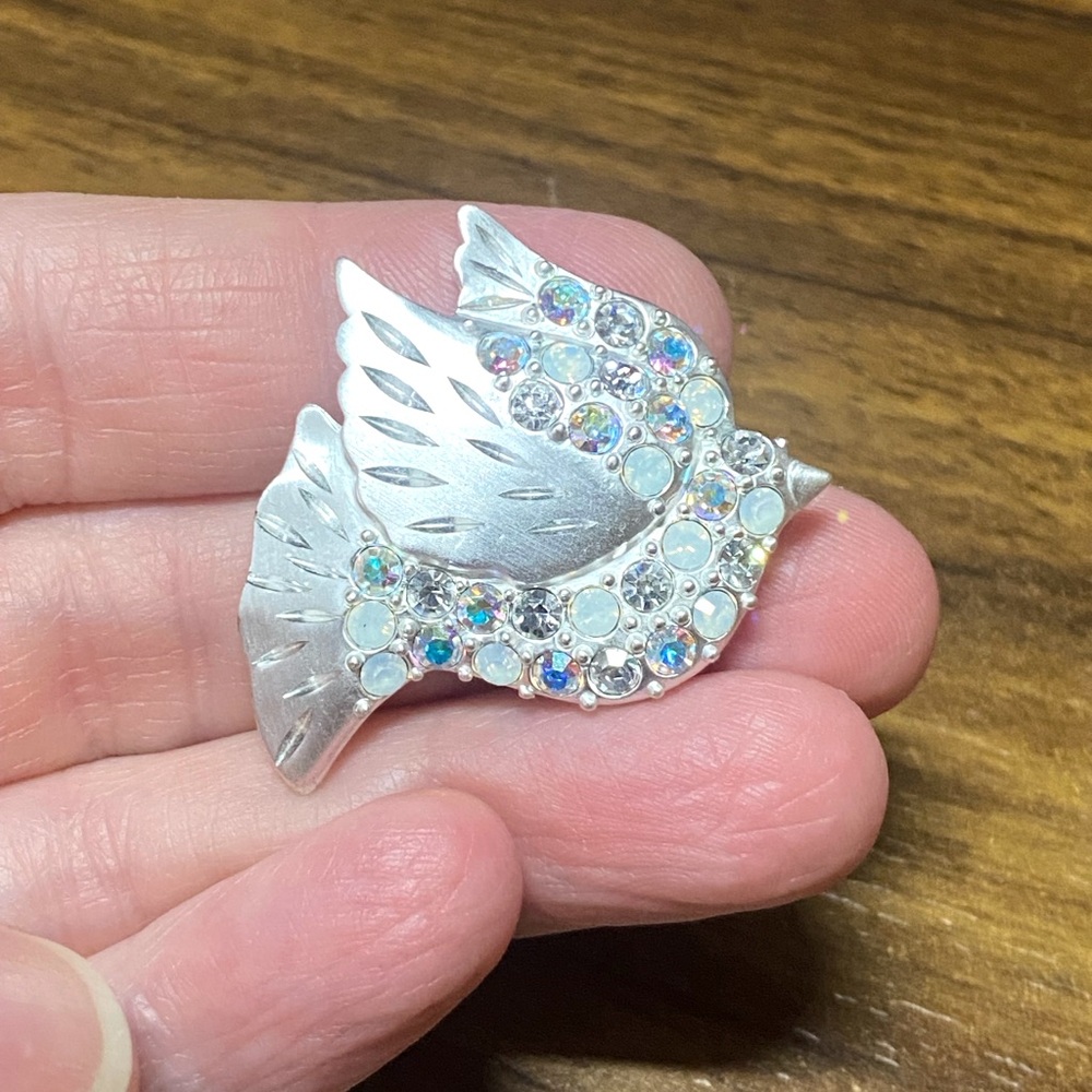 Vintage Silver Dove Brooch Accented With Aurora Borealis Crystals